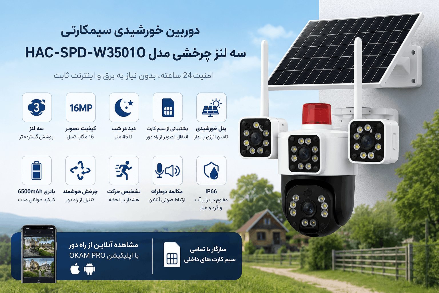 تصویر محصول دوربین خورشیدی سیمکارتی سه لنز چرخشی مدل HAC-SPD-W3501O با سنسور تشخیص حرکت